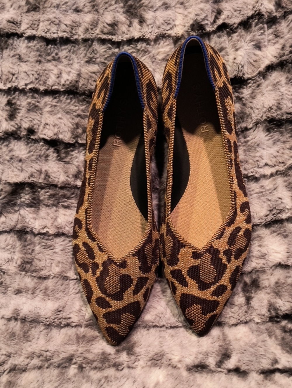 Rothy's The Point Leopard Print Brown Flats with Blue Trim